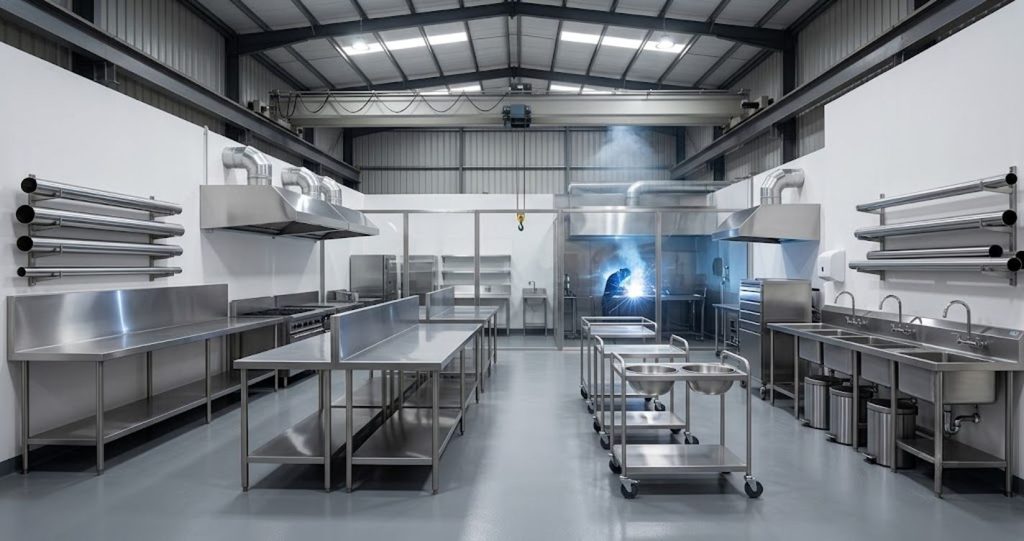 Al Tareeq kitchen Equipments Complete Guide to Commercial Kitchen Equipment for Restaurants in the UAE 4 Custom stainless steel fabrication worktables sinks and exhaust hoods UAE Al Tareeq